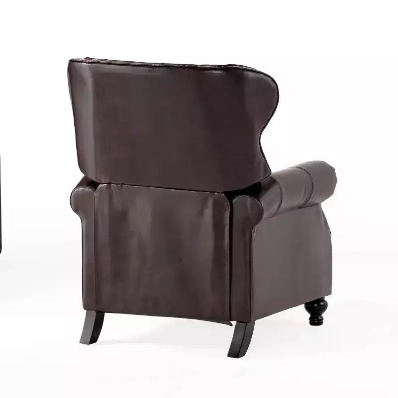 Fauteuil de relaxation club en cuir reconstitué marron, élégant dossier à oreilles, cadre en bois dur