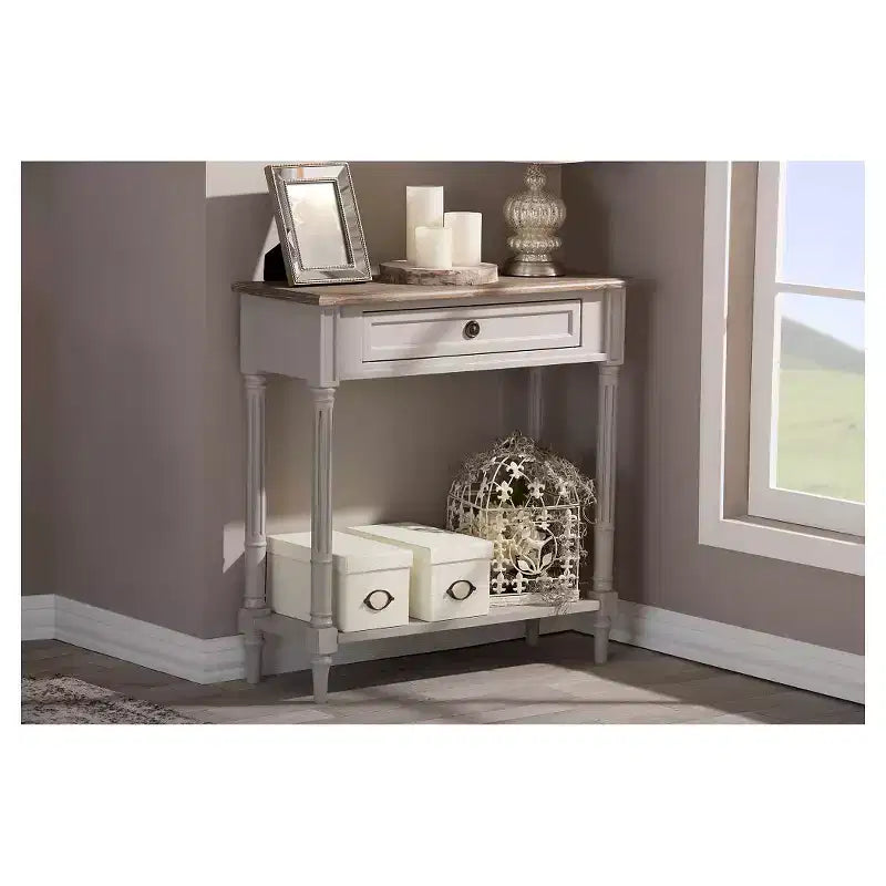 Console de style provincial français avec 1 tiroir - Blanc/Marron clair, Meuble d'entrée élégant, Design étroit