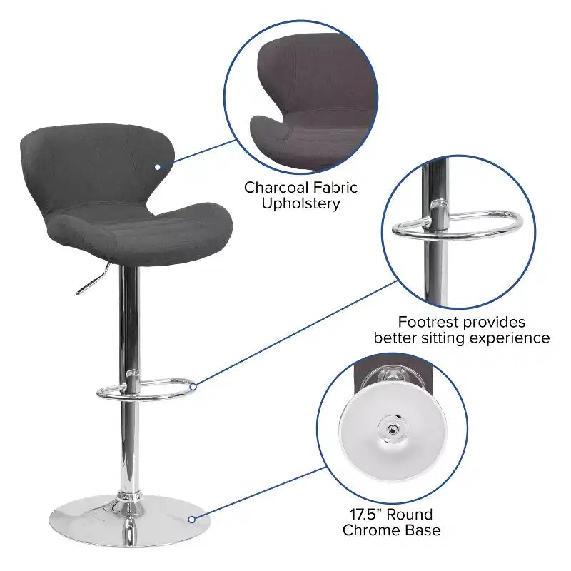 Tabouret de bar contemporain réglable en hauteur avec dossier incurvé et base chromée