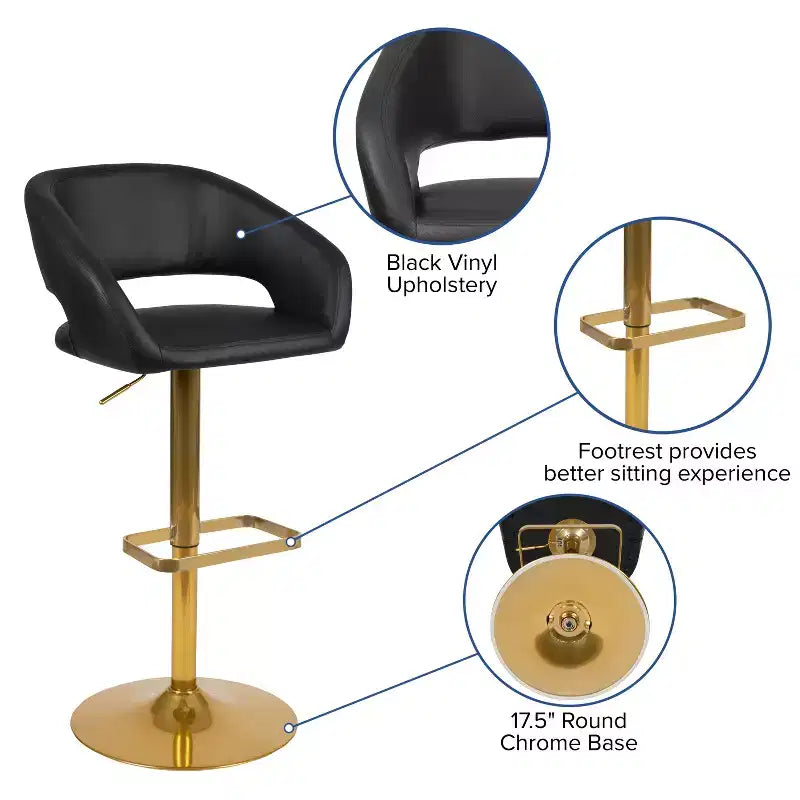 Tabouret de bar contemporain en vinyle, hauteur réglable, avec dossier mi-haut arrondi