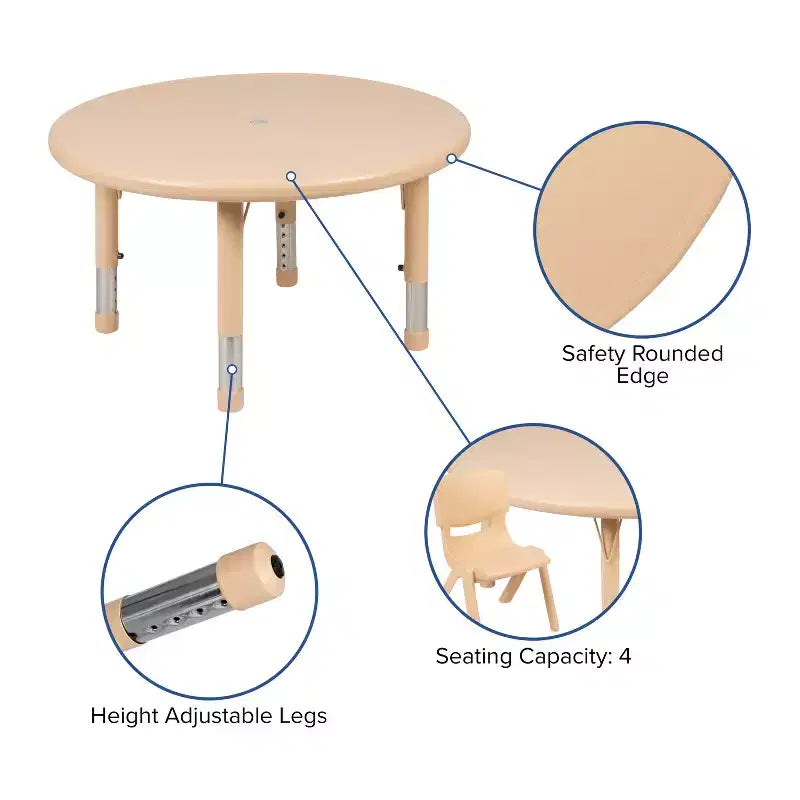 Ensemble table d'activités ronde en plastique réglable en hauteur de 33 po avec 4 chaises