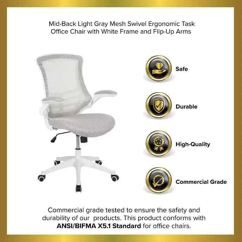 Chaise de bureau ergonomique pivotante en maille à dossier mi-haut avec accoudoirs relevables