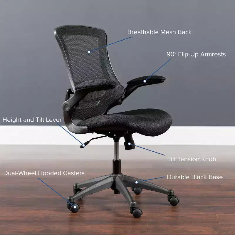 Chaise de bureau ergonomique pivotante en maille à dossier mi-haut avec accoudoirs relevables