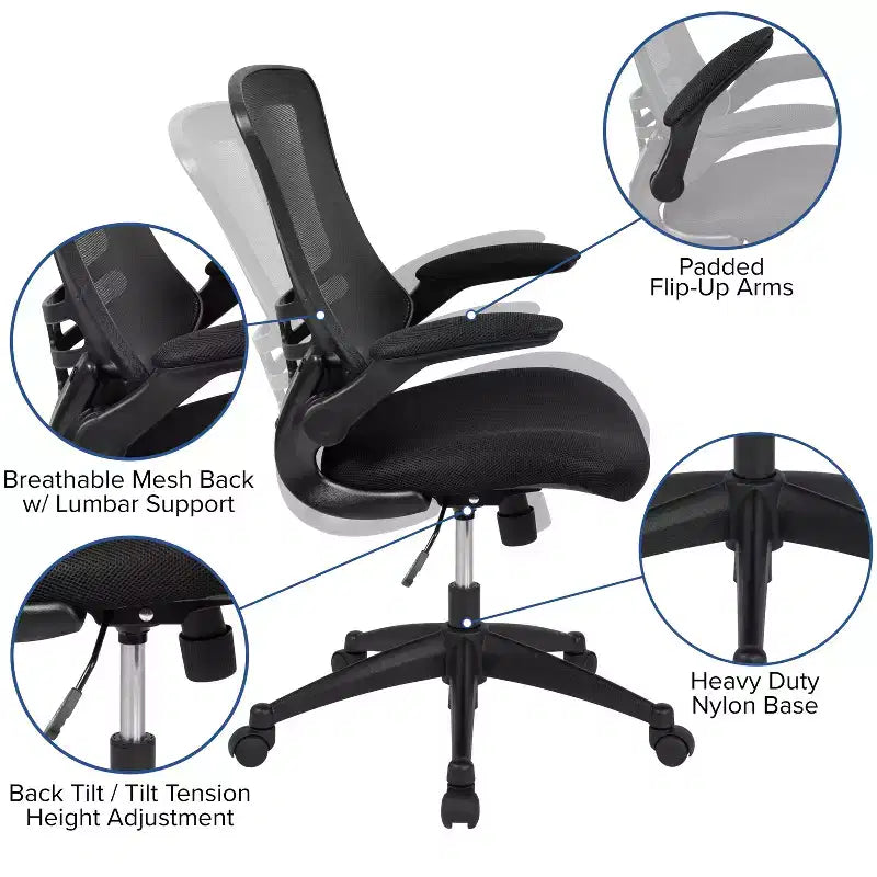 Chaise de bureau ergonomique pivotante en maille à dossier mi-haut avec accoudoirs relevables